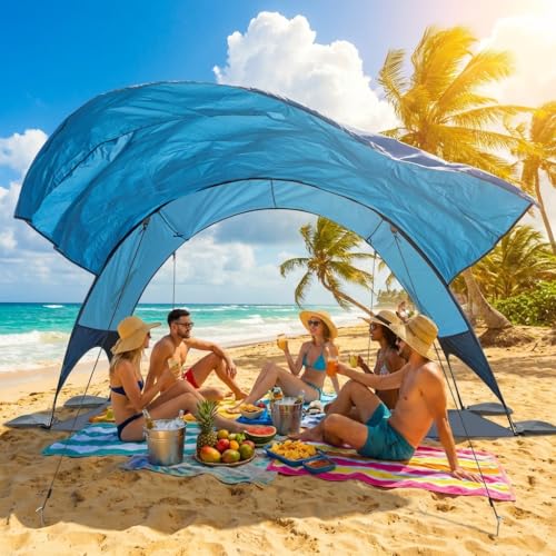 Beach Shelter with UV Protection UPF 50+ - Portable Beach Canopy & Sun Protection for Beach, 360° Ventilation, 4 Sandbags, Double Pockets, Pegs & Ropes (270 x 165 x 158 cm + 190 x 250 cm)
