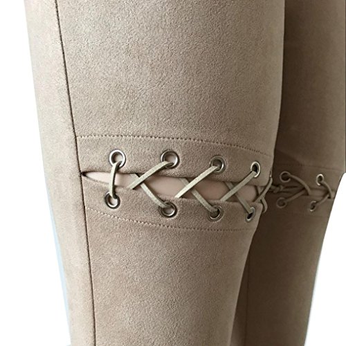 Highpot Stylish Wild Women Lace-up Style Hollow Artificial Suede Leather Pants (M, Khaki)