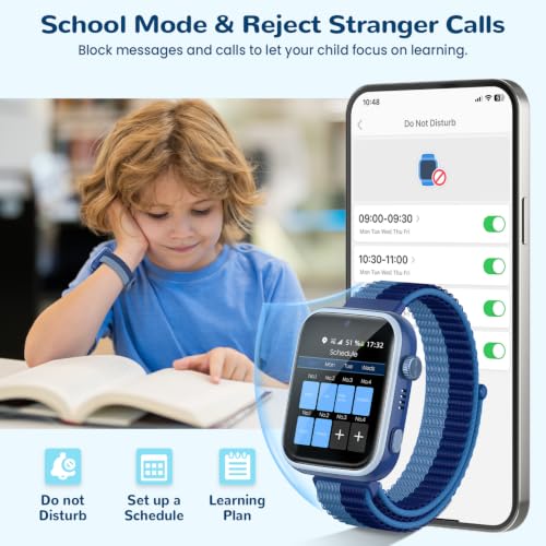 AIMIUVEI 4G Montre Connectée Enfants avec Appels, Appels Vidéo, Chat Vocal, WiFi, GPS, SOS, SMS, Étanche IP68, Mode École et Podomètre, Smartwatch Enfants avec Écran HD 1,83'' Bleu