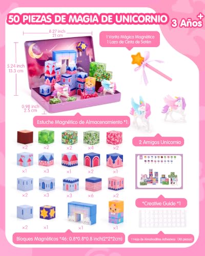 hahaland Construcciones Magneticas de Viaje, Unicornio Cubos Magneticos | 50 Piezas Magneticas Niños con 2 Unicornio, Juego Imanes Creativo, Bloques Magneticos Construccion para Niños 3 4 5 6 años