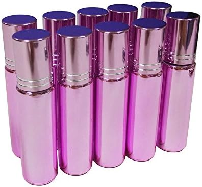 Pack of 10, 10ml Glass Roll on Bottles with Stainless Steel Roller Balls for Essential Oil (Pink)