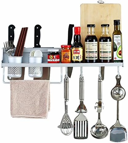 Wall Mount Pot Rack, Creatwo Multifunction Wall Space Save Rack Aluminum Kitchen Spice Rack with Hooks, Silver