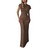 Mojessy Women Bodycon Maxi Dress Sexy Mock Neck Lace Up Bandage Ruched Short Sleeve Long Dress Cocktail Dress
