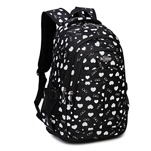 Goldwheat School Backpack Student Bookbag Laptop Bag Casual School Daypack Backpacks Travel Rucksack Knapsack for Teen Girls Boys-Hearts Print -Black
