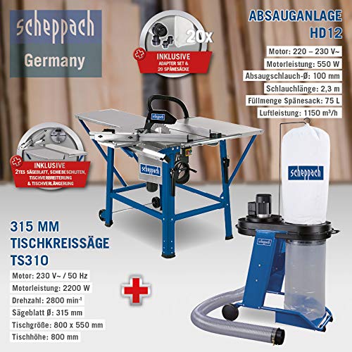 SCHEPPACH SET TS310 230V Tischkreissäge+Ersatzblatt+Absauganlage HD12+20 Säcke – Bild 3