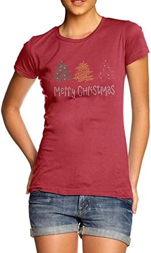 TWISTED ENVY Winter Trees Merry Christmas Women's Rhinestone T-Shirt
