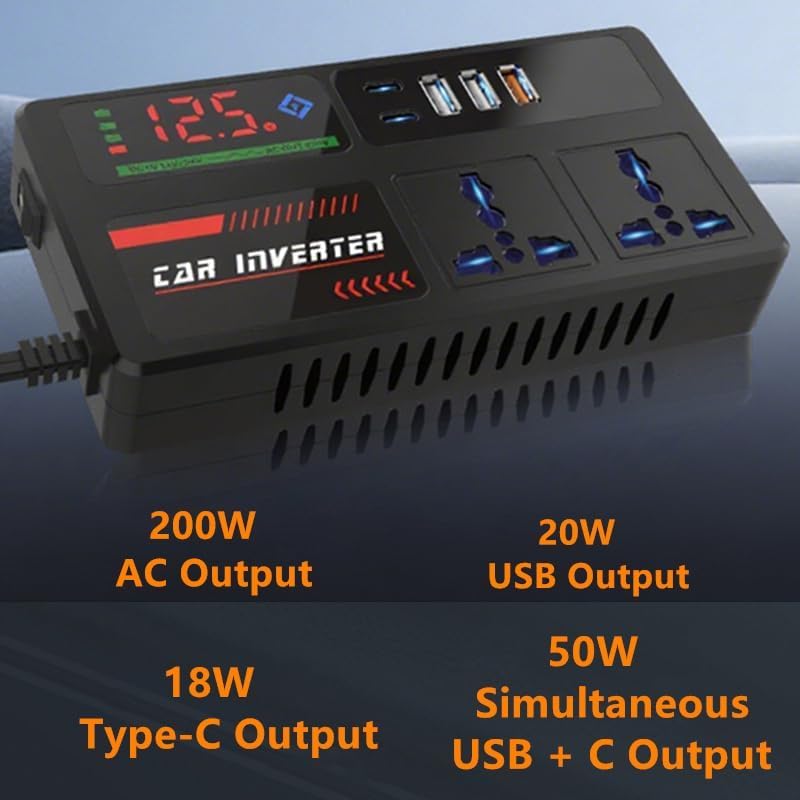 200W Car Power Inverter, DC 12/24V to 220V AC Converter with 3 USB 2 Type-C Ports, LED Screen Display, Switch Control for Cars SUV Truck