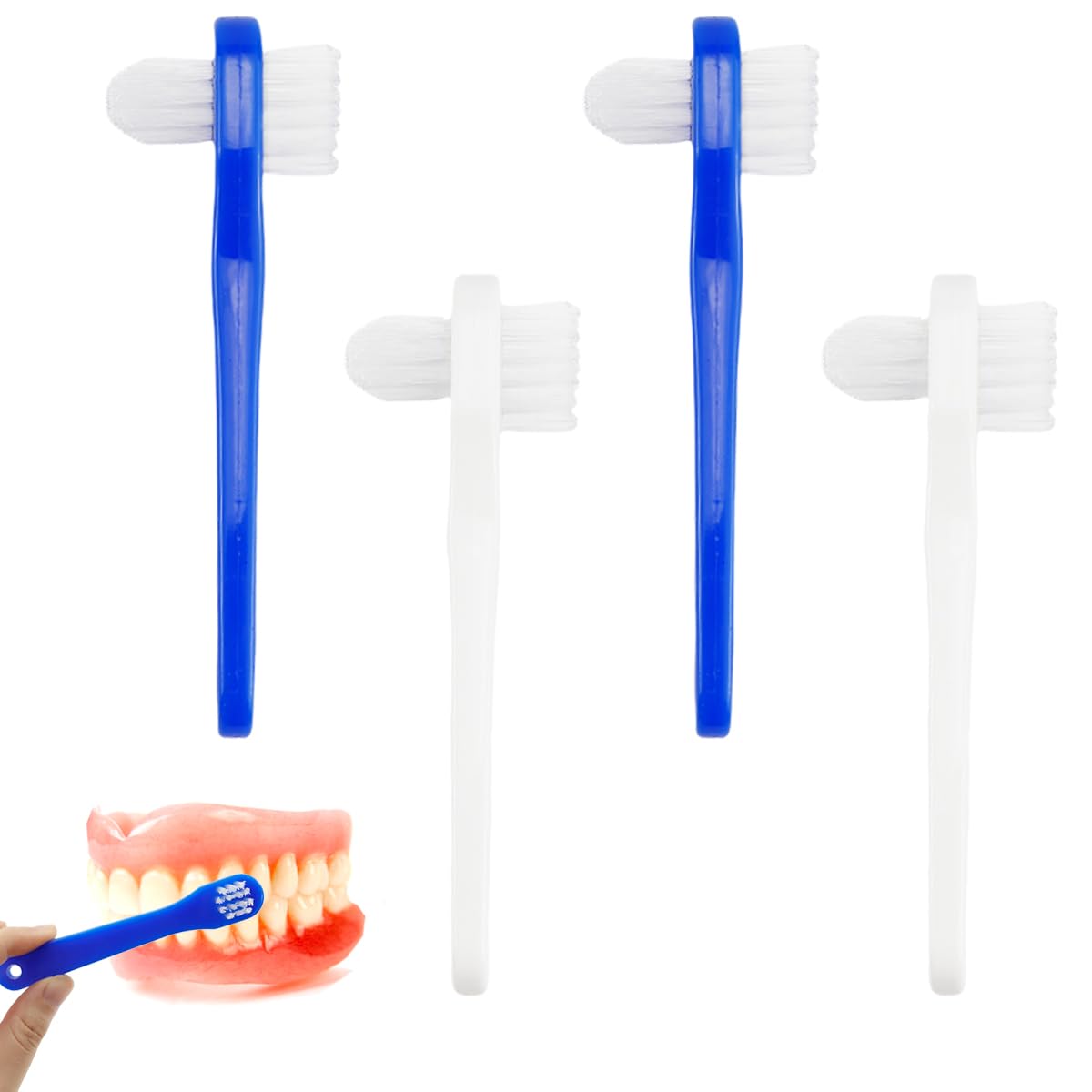 ZJIVQO 4pcs Denture Cleaner Brush Double Bristle Head Denture Toothbrush Retainer Brush Easy Grip Handle 360-degree Portable False Teeth Brush for Adult Denture Oral Clean Toothbrush