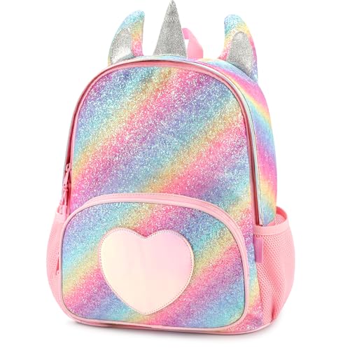 mibasies Girls Backpack for Kids, Unicorn Backpack for Girls, Glitter Rainbow Elementary School Backpack（Pink Blue Ranibow）