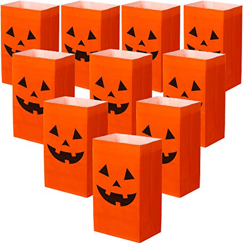 Tatuo 24 Pieces Halloween Candy Bags Halloween Paper Bags Pumkin Pumpkin Color Bags Lunch Flat Bottom Paper Bags for Halloween (18 x 9 x 6 cm )