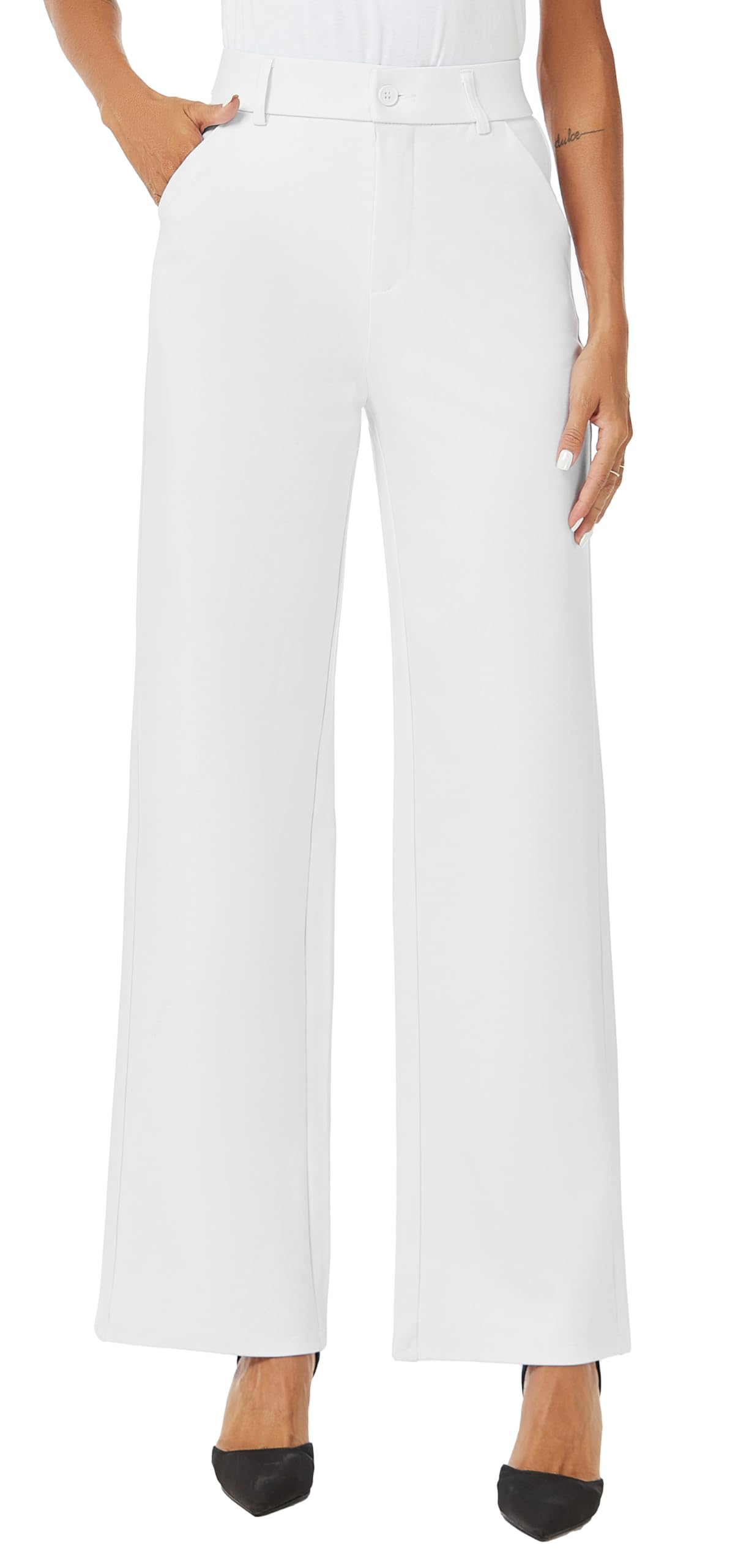 Photo 1 of iChosy Womens High Waist Wide Straight Leg Trousers Casual Slacks Dress Pants with Pockets Blueish White 8 Short