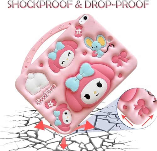 For Case Compatible with iPad (A16) 11th/10th Generation (2025/2022), Shockproof Cartoon Silicone Melody Cover with Handle Stand, Shoulder Strap (iPad (A16) 11th/10th Generation)