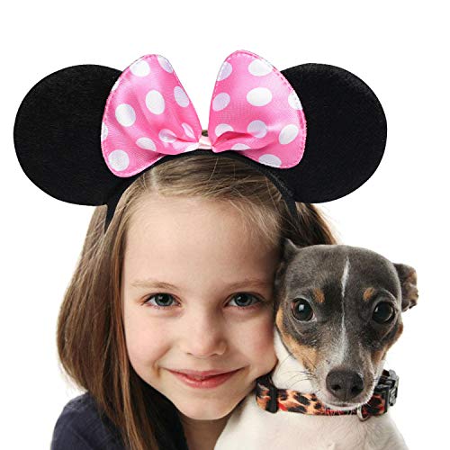 Picoway Mouse Ears Solid Black & Pink Bow Headband Set of 20