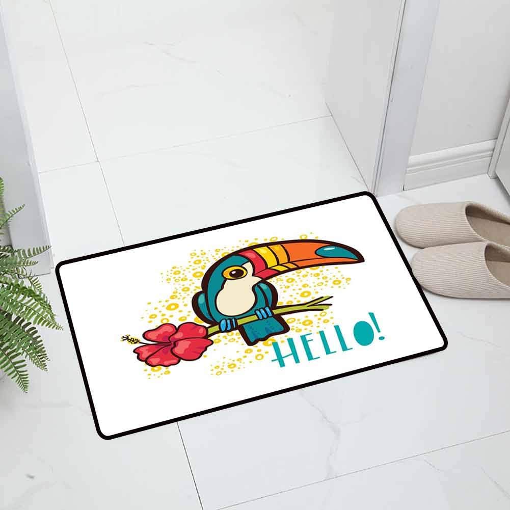 Hello Indoor Outdoor Decorative Floor Mat Office Door Mat A Tropical Hello from Hawaiian Island Ramphastidae Toucan Bird with Hibiscus Flower Durable, 23.5 x 15.5 inch Multicolor