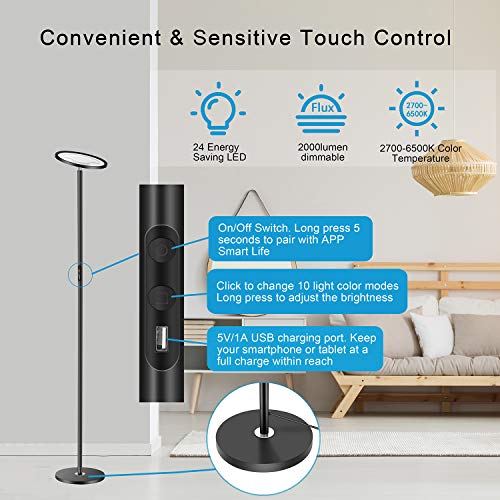 Wixann Smart Led Floor Lamp - WiFi Torchiere Floor Lamp Work with Alexa Google Home, 2000LM Super Bright Dimmable Color Changing Modern Standing Lamp for Living Rooms Bedroom Offices - Black