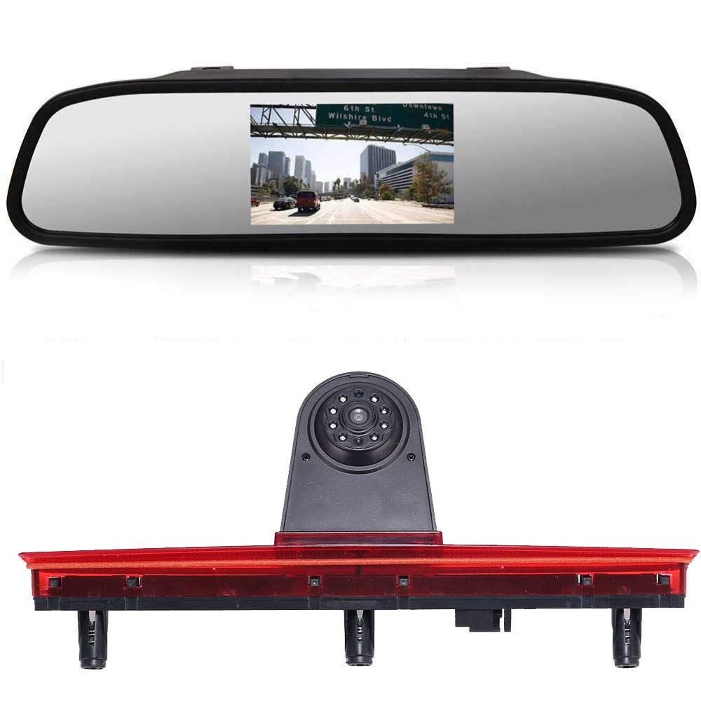 【Reversing Camera + 4.3 Inch HD Rearview Mirror】Parking Mirror for All Cars + Car Third Roof Top Mount Brake Lamp Backup Camera for VW T5 Bus Transporter VAN Multivan Caravelle Car 2003-2015 Bj