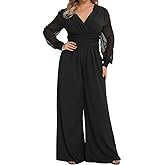 RED DOT BOUTIQUE 701 - Plus Size Mesh Long Sleeve V Wrap Neck Wide Leg Pants One Piece Jumpsuit