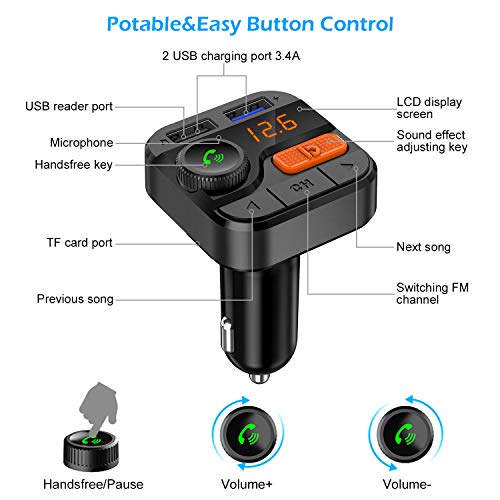 FITNATE Car Bluetooth FM Transmitter,Upgraded Version Bluetooth5.0 Wireless Car FM Radio Music Player,Super Bass, Support Hands-Free Calling