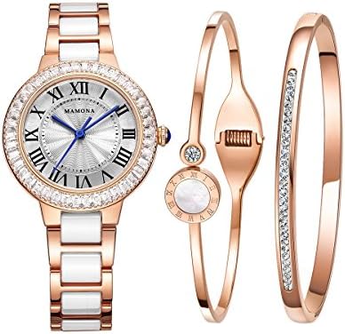 Luxury Quartz Watch Women bracelet set-MAMONA Rose Gold White Ceramic and Stainless Steel Watch 68008LRGT