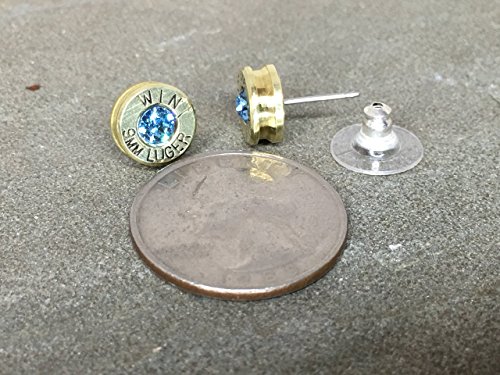 Bullet Earrings 9MM Bullet Jewelry Jewelry Shell Casings Steel Post Swarovski Aquamarine Primer Inset Stones