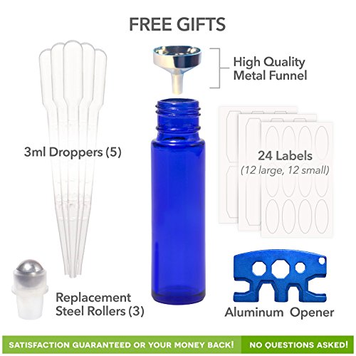 Pure Acres Farm, 12, Cobalt Blue, 10 ml Glass Roll-on Bottles with Stainless Steel Roller Balls. 3 ml Droppers included