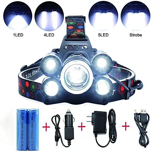 5 LED Headlamp 8000 Lumens 4 Modes Waterproof Flashlight Headlight Torch with 2 Rechargeable Batteries, USB Cable, Wall Charger and Car Charger for Hiking Camping Riding Fishing Hunting Outdoor Sports