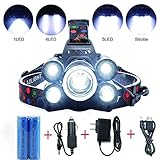 5 LED Headlamp 8000 Lumens 4 Modes Waterproof Flashlight Headlight Torch with 2 Rechargeable Batteries, USB Cable, Wall Charger and Car Charger for Hiking Camping Riding Fishing Hunting Outdoor Sports