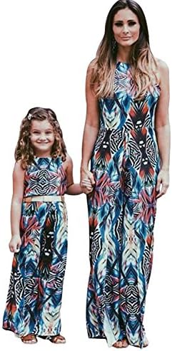 Tomsent Casual Mother and Daughter Sleeveless Floral Printed Comfortable Long Maxi Bohemian Dress Mom Kids Matching Outfits