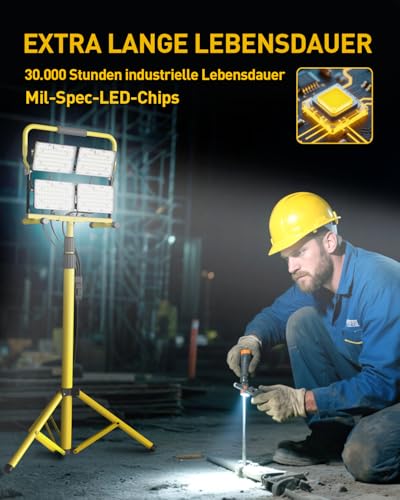 26000LM LED Work Light with Stand, Portable Work Light with 4 Heads and 5.0M Cable - IP66 Waterproof Floodlight for Workshop, Garage, Construction Site and Outdoor Lighting