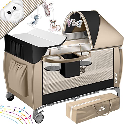 Kidiz® Babybett 3 in 1 Reisebett Kombi Set Baby Bett mit Wickelauflage Moskitonetz Laufstall Baby ab Geburt bis 15 kg luftige Seitenwände mit Seiteneingang Tragetasche zusammenklappbar Schwarz/Beige