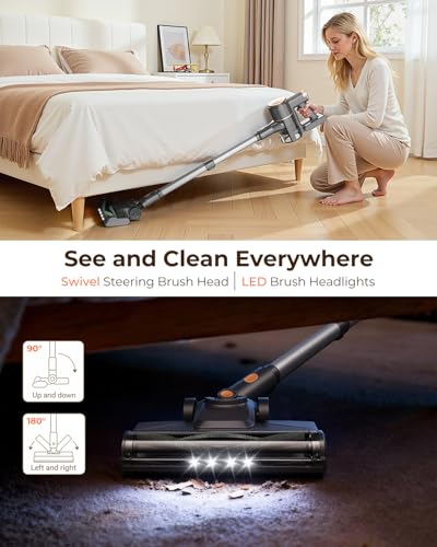 N8 Cordless Vacuum Cleaner, 40KPA Powerful Suction Vacuum Cleaners for Home,40 Mins Runtime, Rechargeable Battery, Self-Standing, Lightweight Stick Vacuum for Hardwood Floor Carpet Pet Hair (Argent)