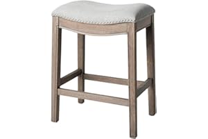 Maven Lane Adrien Backless Counter Stool – 26 Inches – Saddle Stool with Footrest – Grey Solid Wood Frame & Grey Fabric Upholstery – Perfect for Kitchen Islands & Counters