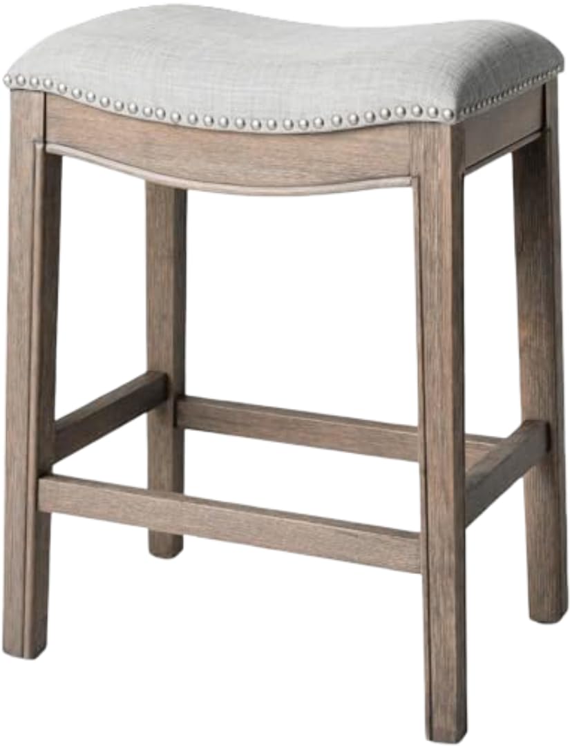 Maven Lane Adrien Backless Counter Stool – 26 Inches – Saddle Stool with Footrest – Grey Solid Wood Frame & Grey Fabric Upholstery – Perfect for Kitchen Islands & Counters Image