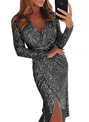 Elapsy Womens Sexy Luxurious Deep V Neck Sequins Wrapped Ruched Party Evening Slip Bodycon Bandage Dress Black