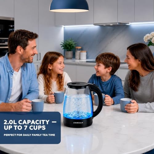2L Electric Glass Tea Kettle, 1500W Fast Boil, Blue LED Light, 360° Cordless Base, Stainless Steel & Borosilicate, Large Capacity with Water Level Gauge