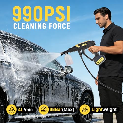 Traumheim High Pressure Washer 21 V/68 Bar/990PSI – 2 x 4000 mAh Battery – Complete Set 17 Pieces – Multi-Purpose Portable Cleaner for Car, Terrace, Garden