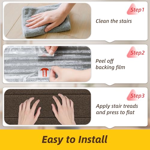 Non-Slip Stair Treads for Wooden Steps Indoor, 15 Pack 8" X 30" Edging Stair Rugs with TPE Backing,0.45" Thick Carpet Stair Treads for Kids Elders & Pets, 100% Polyester Soft Stair Runners, Brown
