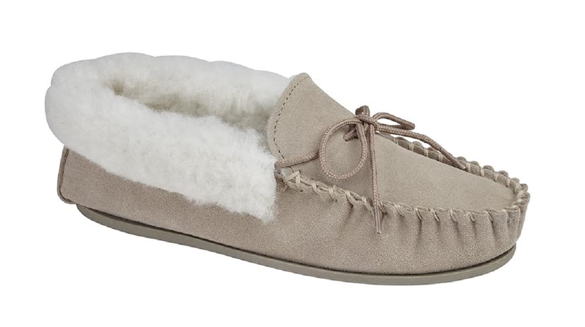 Mokkers Real Suede Wool Mix Warm Lining Moccasins Slippers Ladies TPR Sole UK3-9 (UK 7, Stone)