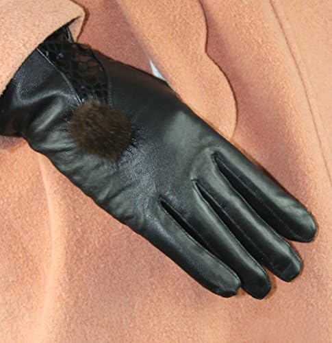 UNbox Womens Black Plush Lined Leather Winter Gloves with Fur Trim Bobble