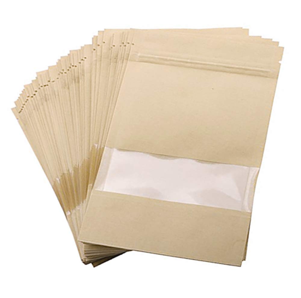 Emartbuy 50 pcs Kraft Paper Bags Stand Up Food Bag Reusable Sealing Bag with Transparent Window Pouches Bags for Tea Candy Coffee Beans Storage - 20 cm x 30 cm