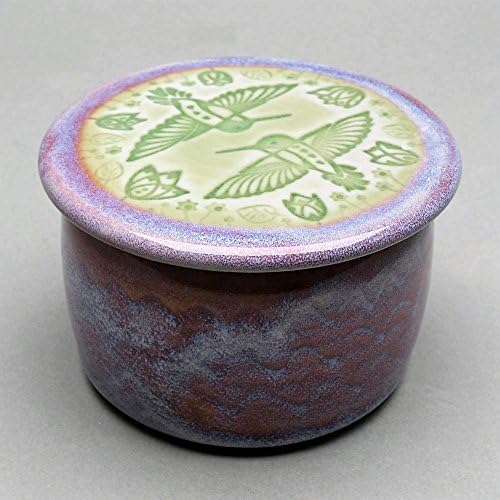French style butter crock with hummingbird motif, of vitreous porcelain pottery. Ideal size for couples and singles, @ 4.25" dia., 2.6" tall.