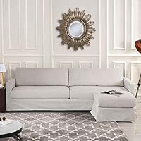 Beige Woven Linen Slipcover Sectional Sofa Couch with Reversible Chaise Ottoman, Modern Contemporary Slipcover L Shaped Sectional Couch & Chaise Lounge Living Room Furniture Sofas & Couches Sectionals