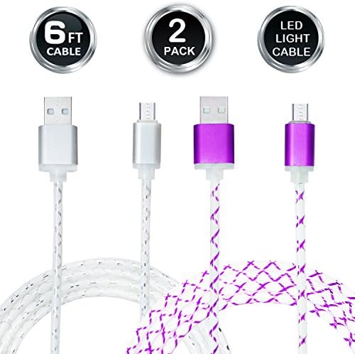 Lightning Cable, HelloEdge Micro USB Charging Cable 6FT LED Light Blue Night Light High Speed USB 2.0 Male to Micro Charging Cable for Android, Samsung, Blackberry and More (2 Pack) (Purple+Silver)
