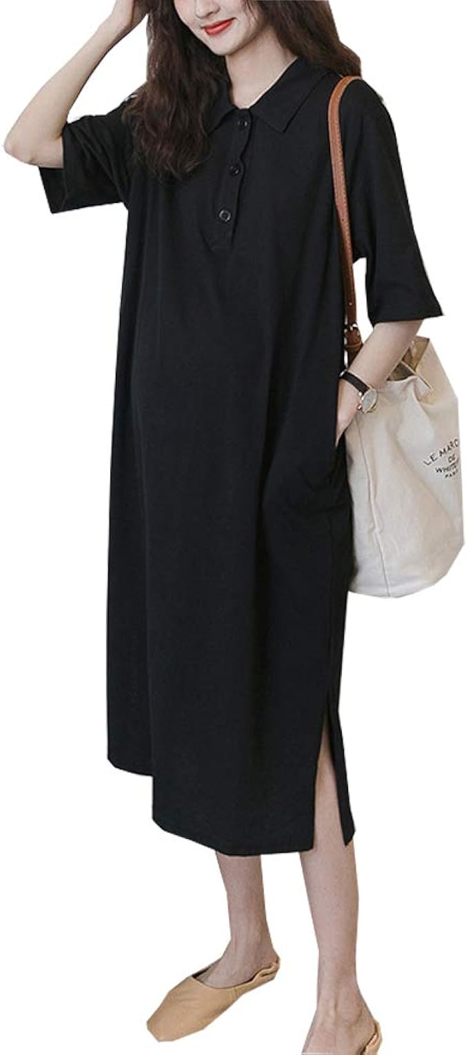 Amazon Co Jp Zoncinoo ポロシャツ 半袖 マタニティー服 Tシャツ マタニティワンピースロング マキシ丈 無地 産前産後 妊婦服 マタニティウェア 春 夏 黒 服 ファッション小物
