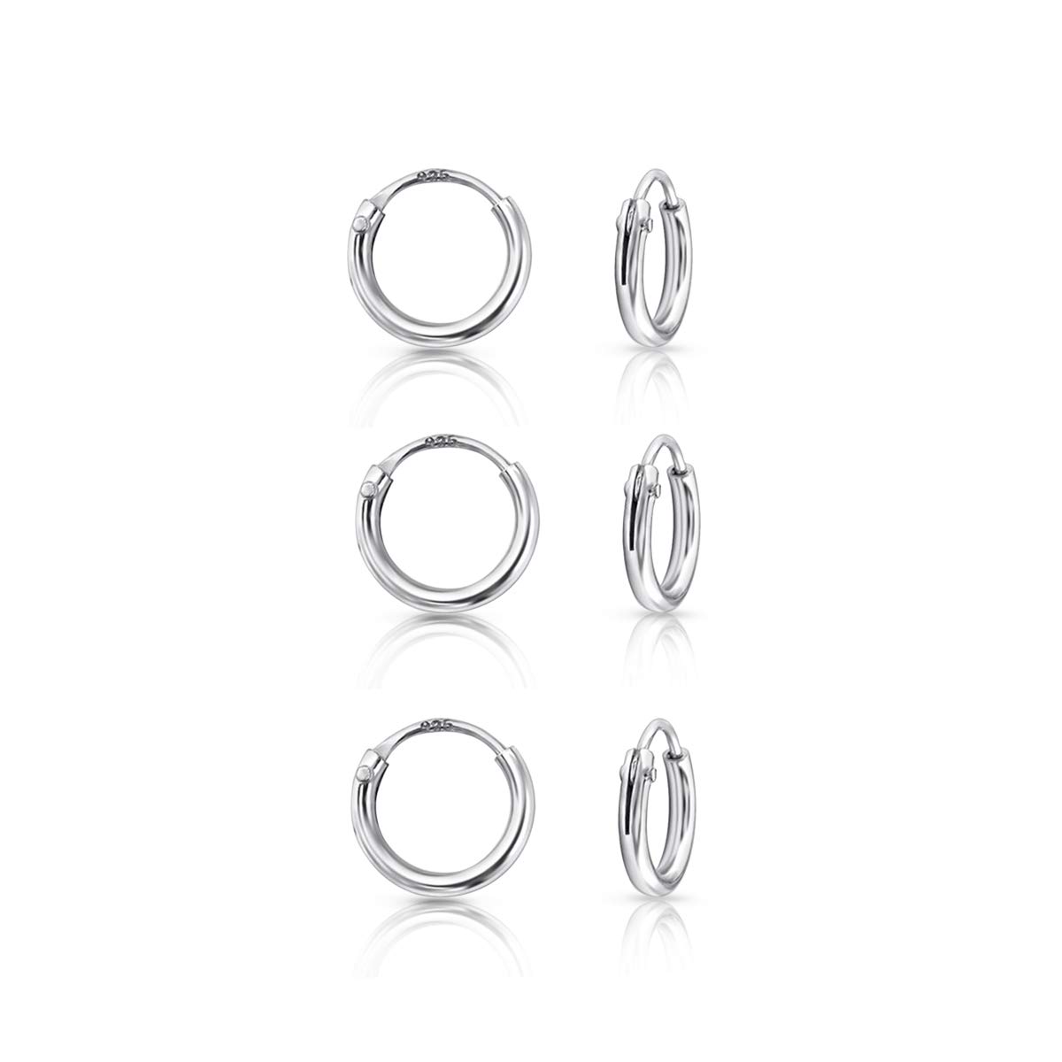 Set of 3 Tiny Small 925 Sterling Silver Hoop Earrings - Huggies for Women & Men - Small Hoops 8mm - Hypoallergenic Sleeper Earrings for Cartilage, Helix, Nose Ring or Second Piercing - Thin 1.2mm