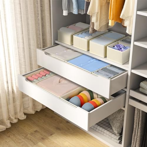 Homsorout 12 Pack Drawer Organisers Foldable Box - Fabric Drawer Dividers Wardrobe Storage Organiser Draw Cubes for Bras, Socks, Underwear, Ties, Chest, Bedroom, Beige