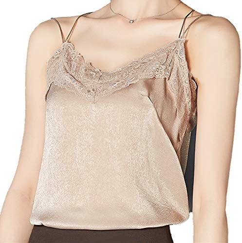 Women Soft Lace Cami Basic V Neck Ladies Shiny Satin Camisole Tank Top Loose Sleeveless Blouse