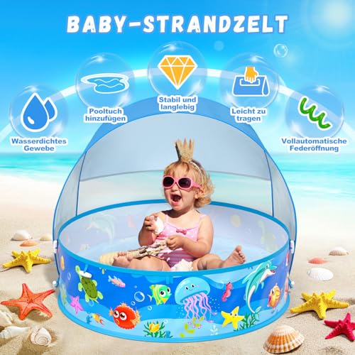 Baby Paddling Pool with Roof, Pop-Up Beach Shelter, Baby UV Protection 50+ with Storage Bag, 4-in-1 Portable Baby Pool with Sun Protection, Summer Must-Haves for Beach, Holiday, Camping and Picnic