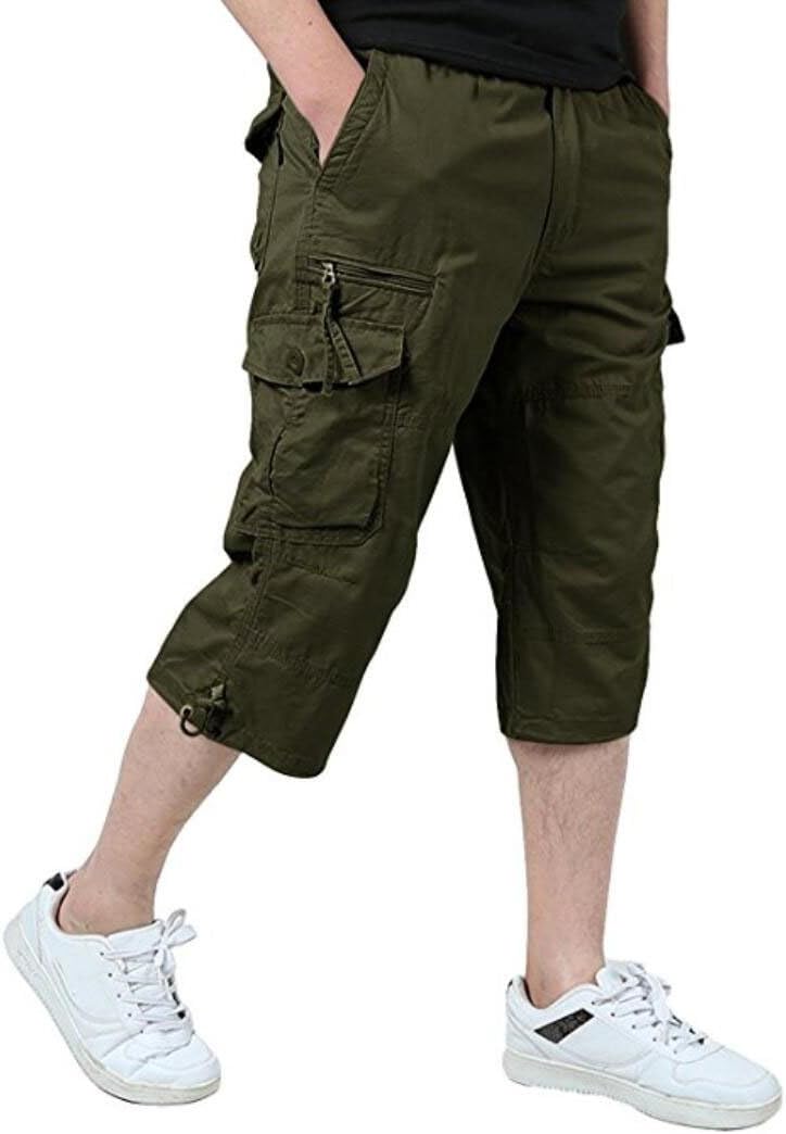 Amoystyle Men's Elastic Waist Relaxed Fit Long Cargo Shorts Capri Pants US 30-40