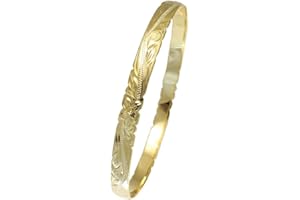 Arthur's Jewelry 925 Sterling Yellow Gold Plated Hawaiian Scroll Plumeria Flower 6mm Cut Out Edge Bangle Size 7-9